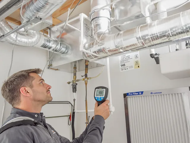 Carver Air Duct Cleaning expert conducting detailed filter system inspection using diagnostic tools in Carver